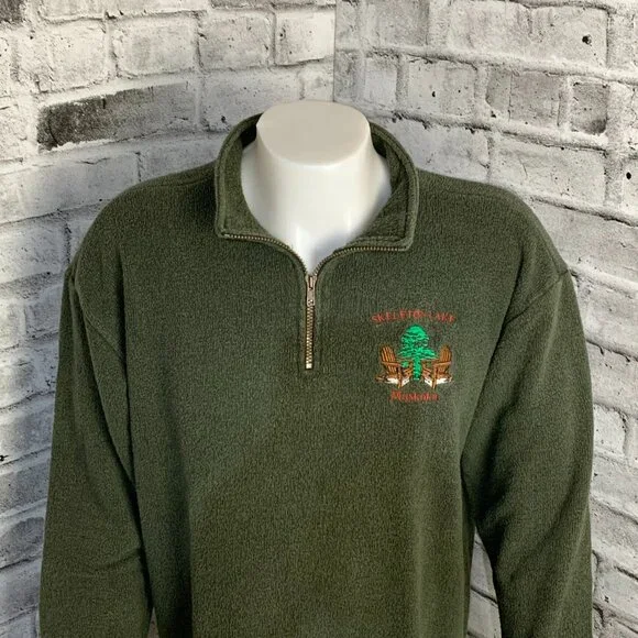 Vintage 1/4 Zip Fleece Henley Sweater Jacket Mens L Embroidered Green Pullover - Picture 2 of 11